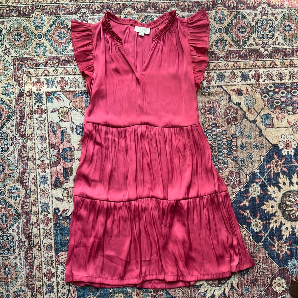 LOFT Vibrant Pink Satin Ruffle Detail Pleated Tiered Dress, Size Small